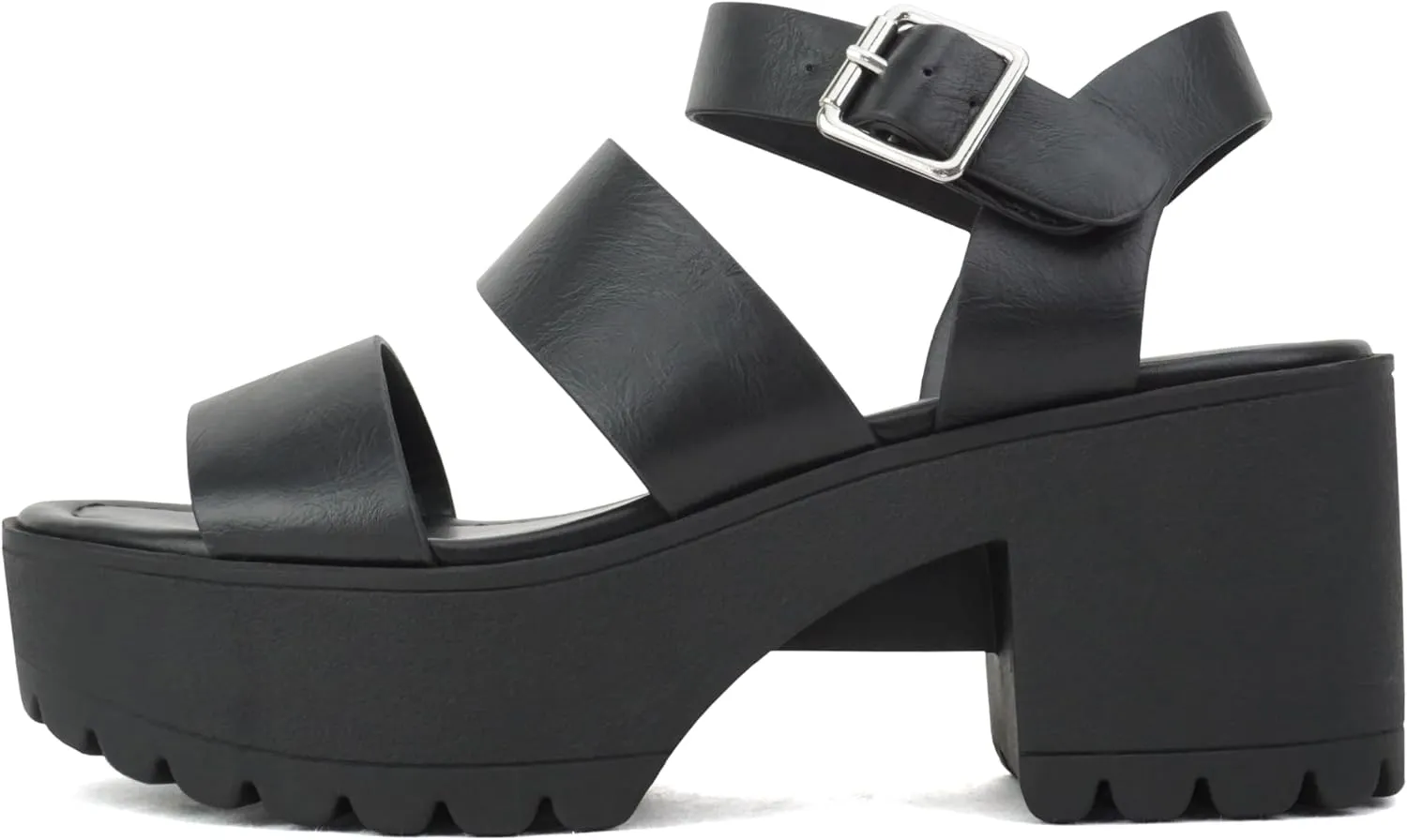 Soda ACCOUNT ~ Women Open Toe Two Bands Lug sole Fashion Block Heel Sandals with Adjustable Ankle Strap