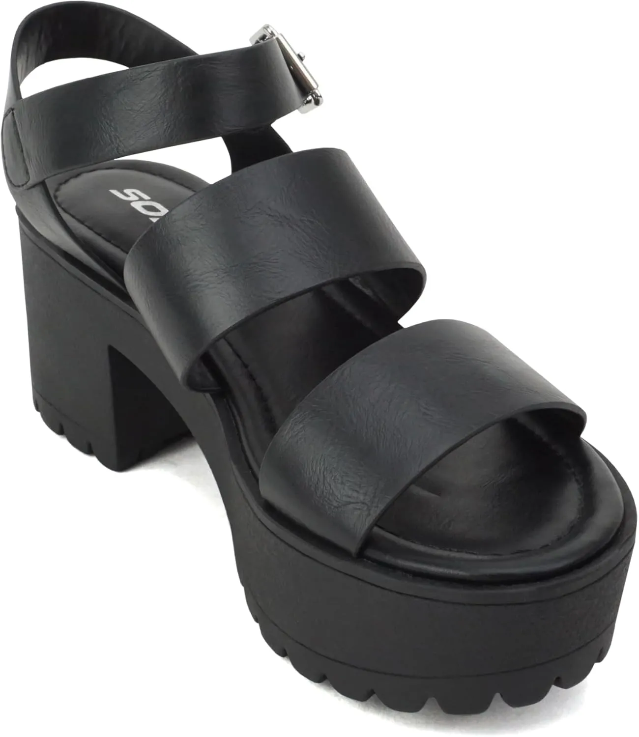 Soda ACCOUNT ~ Women Open Toe Two Bands Lug sole Fashion Block Heel Sandals with Adjustable Ankle Strap