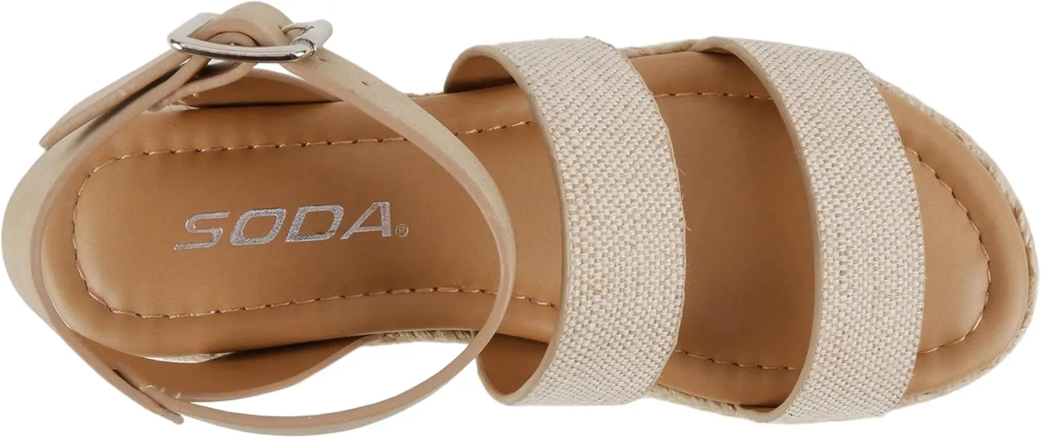 Soda BRYCE-2 Kids/Children/Girls Open Toe Two Bands Espadrille Jute Platform Wedge Casual Fashion Flatform Sandals with Buckle Ankle Strap