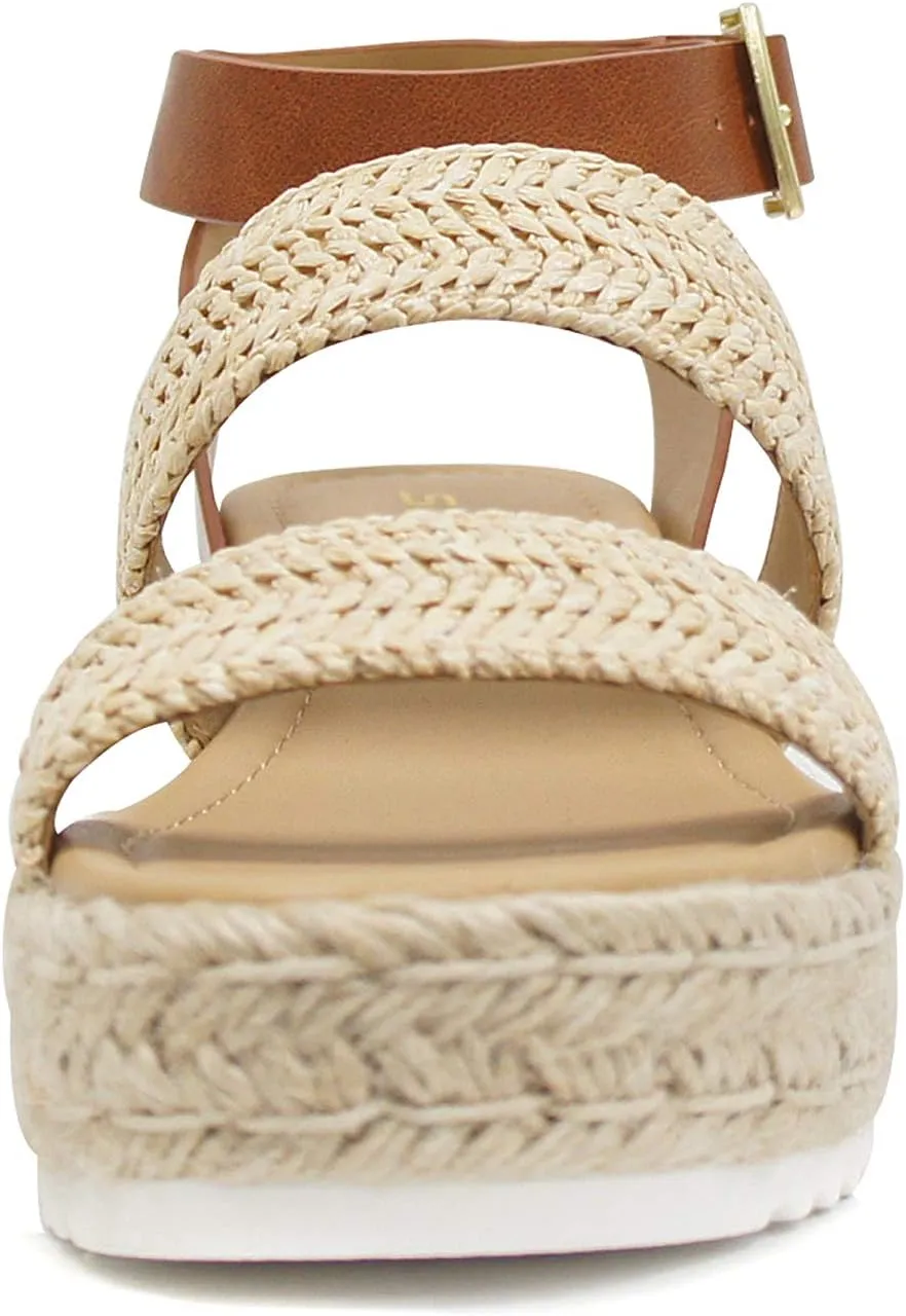 Soda Top Shoe Bryce Open Toe Buckle Ankle Strap Espadrilles Flatform Wedge Casual Sandal
