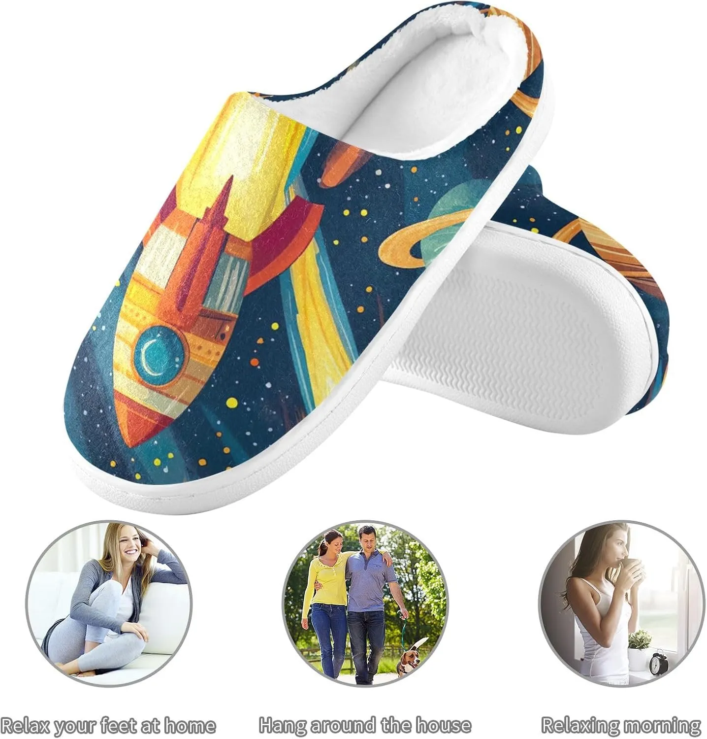 Space Rocket Planet Slippers for Women Men Indoor Slippers Memory Foam Fuzzy Slippers House Shoes for Indoor Outdoor Size 6/7 214b6847