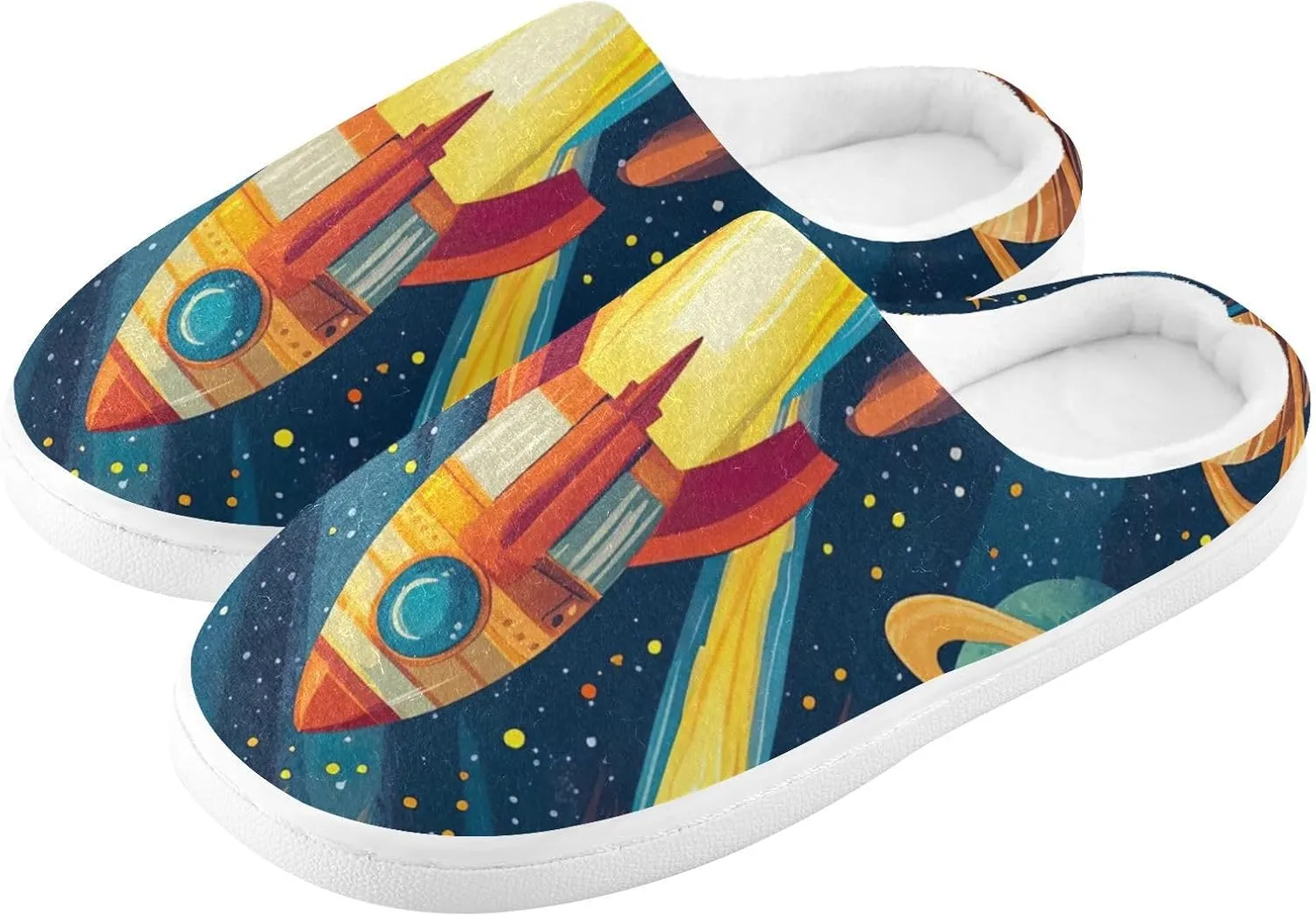 Space Rocket Planet Slippers for Women Men Indoor Slippers Memory Foam Fuzzy Slippers House Shoes for Indoor Outdoor Size 6/7 214b6847