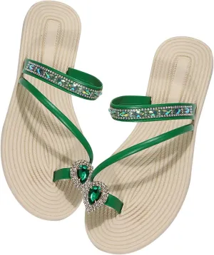 Sparkly Rhinestone Sandals for Women Summer Trendy Toe Ring Straps Slip on Flat Slippers Elegant Cute Slides Dressy Casual Comfy Ladies Beach Shoes