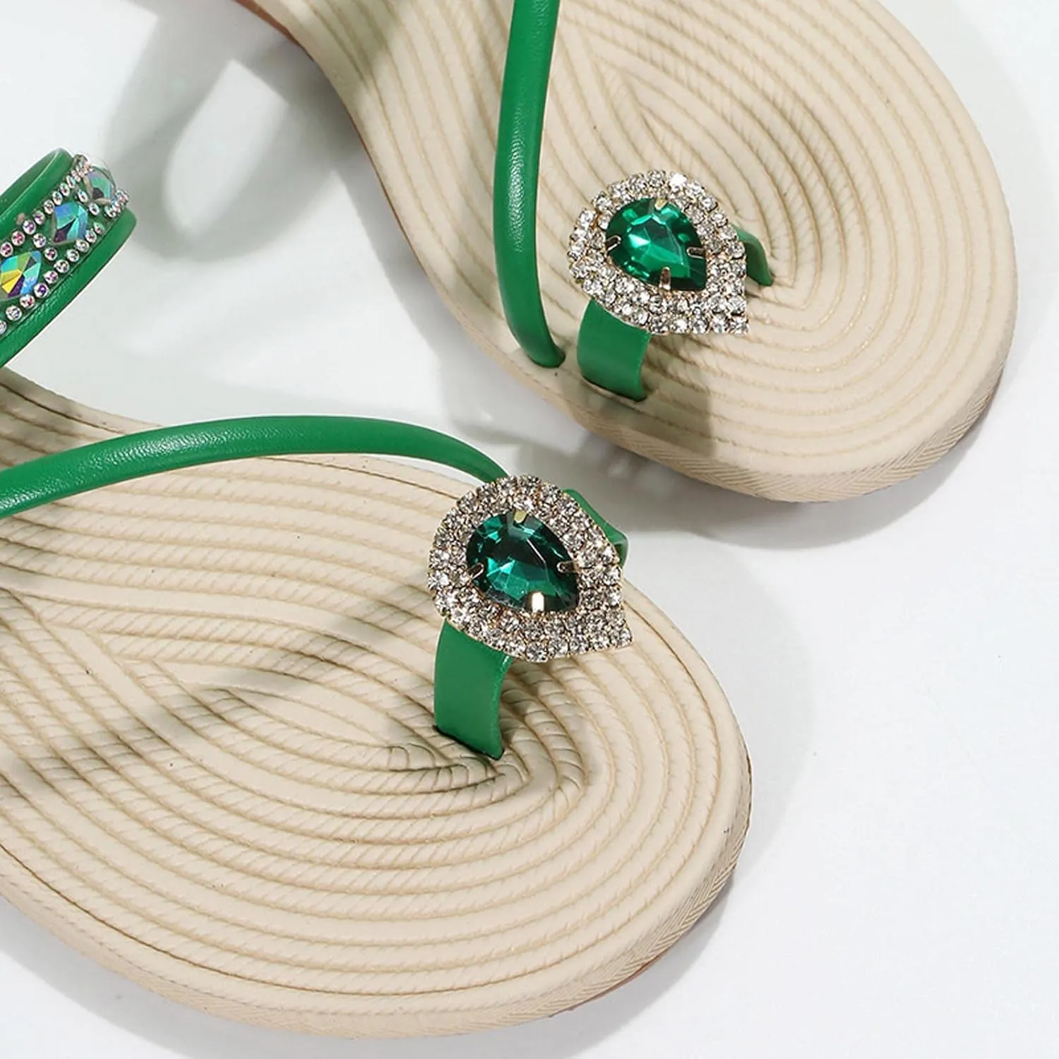 Sparkly Rhinestone Sandals for Women Summer Trendy Toe Ring Straps Slip on Flat Slippers Elegant Cute Slides Dressy Casual Comfy Ladies Beach Shoes