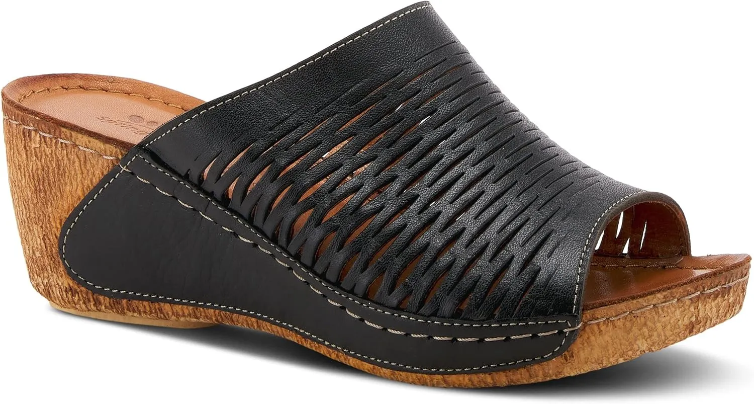 Spring Step Cunacena Women's Leather Slip On Wedge Sandal | Low Heel Sandals for Women with Die Cut Lattice, Stretch Upper, Breathable Lining