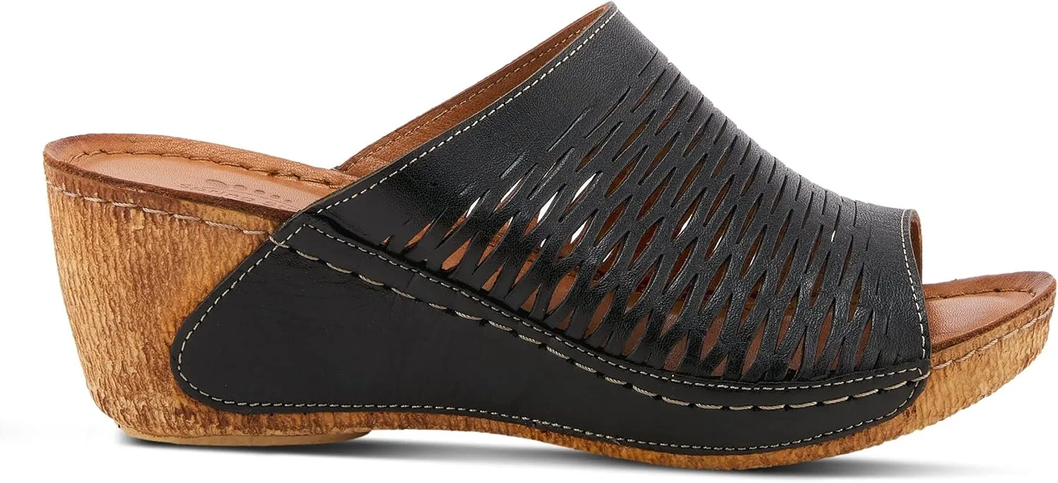 Spring Step Cunacena Women's Leather Slip On Wedge Sandal | Low Heel Sandals for Women with Die Cut Lattice, Stretch Upper, Breathable Lining