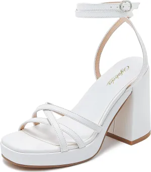 Strappy Platform Heels for Women Heeled Sandals with Lace Up Ankle Strap Square Open Toe Block Heels for Wedding Work Party Prom Dress