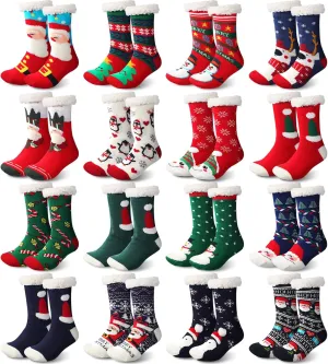 Suhine 16 Pairs Christmas Slipper Socks Bulk Fuzzy Socks Women Fluffy Thermal Sherpa Slipper Socks Winter Socks Non Slip Soft Xmas Snowman Santa Socks for Christmas Holiday Gifts