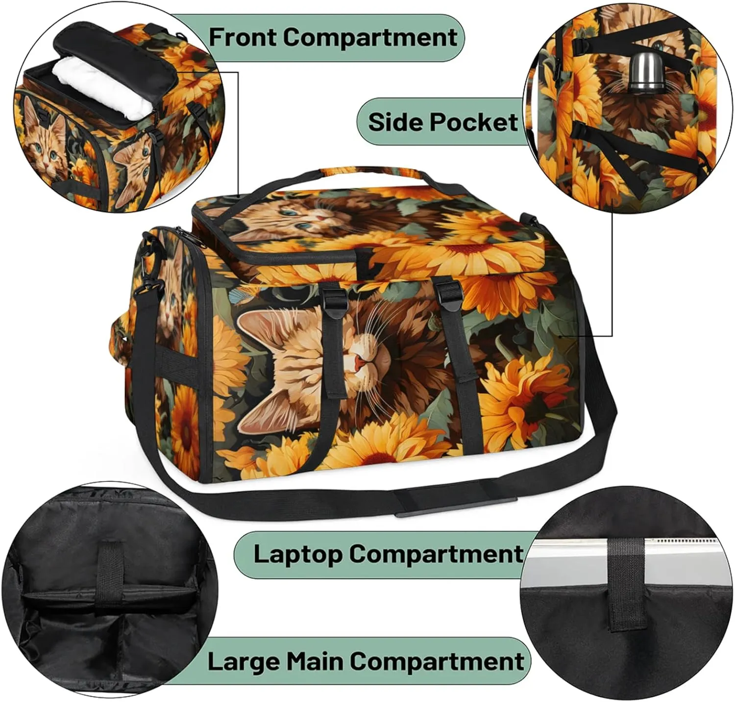 Tactical Sports Duffle Bag for Travel Waterproof Gym Bag with Shoe Compartment 48L Carry On Luggage for Men & Women 3-in-1 Durable Travel Luggage Cat Flowers