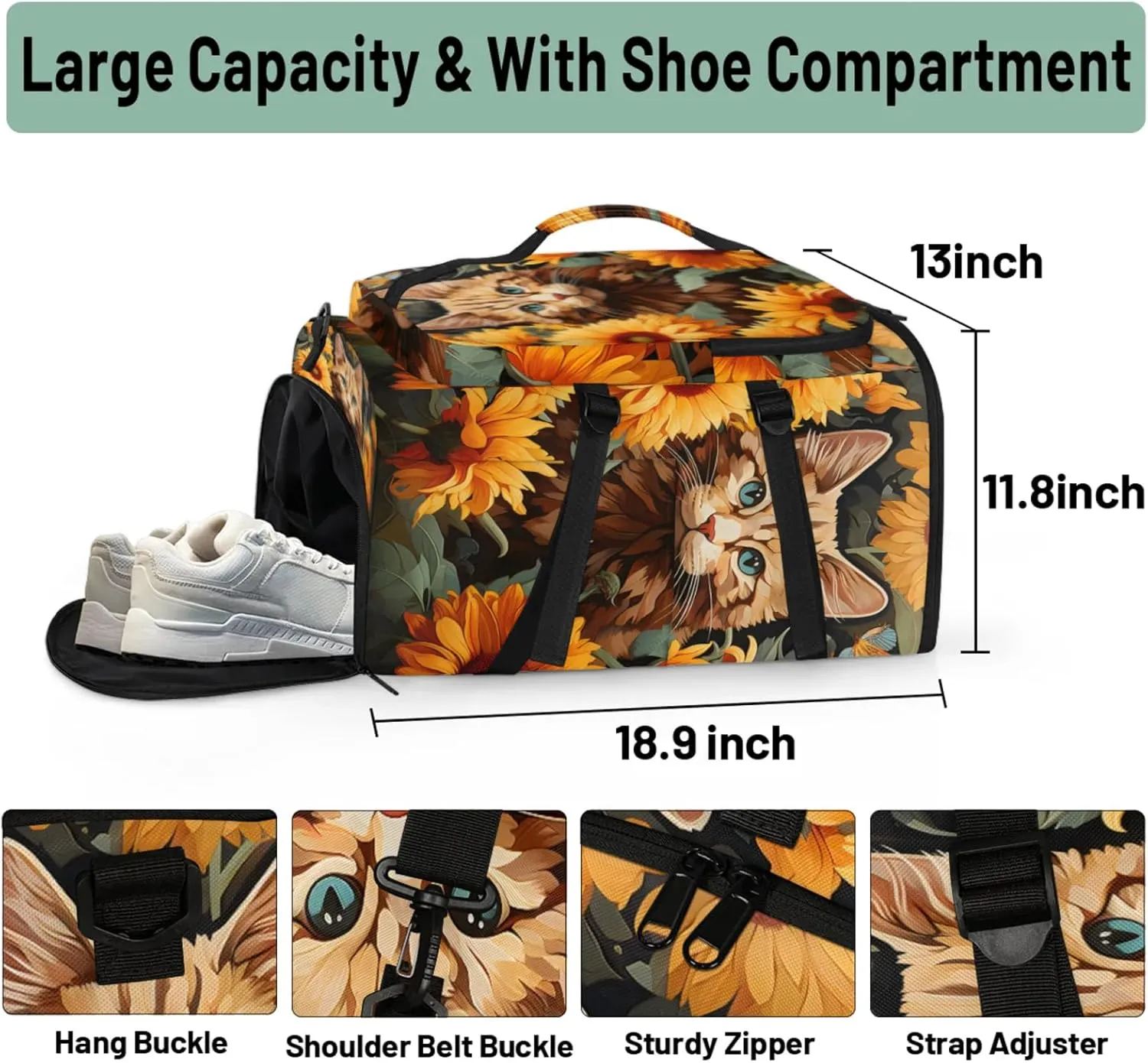 Tactical Sports Duffle Bag for Travel Waterproof Gym Bag with Shoe Compartment 48L Carry On Luggage for Men & Women 3-in-1 Durable Travel Luggage Cat Flowers