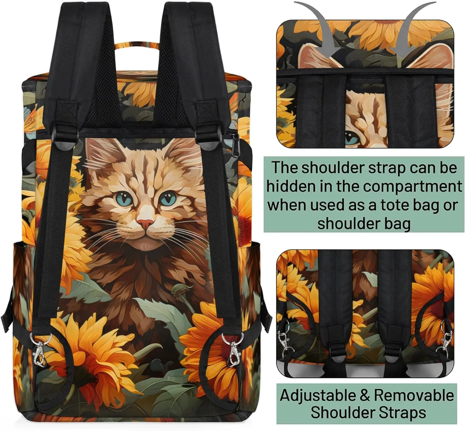 Tactical Sports Duffle Bag for Travel Waterproof Gym Bag with Shoe Compartment 48L Carry On Luggage for Men & Women 3-in-1 Durable Travel Luggage Cat Flowers
