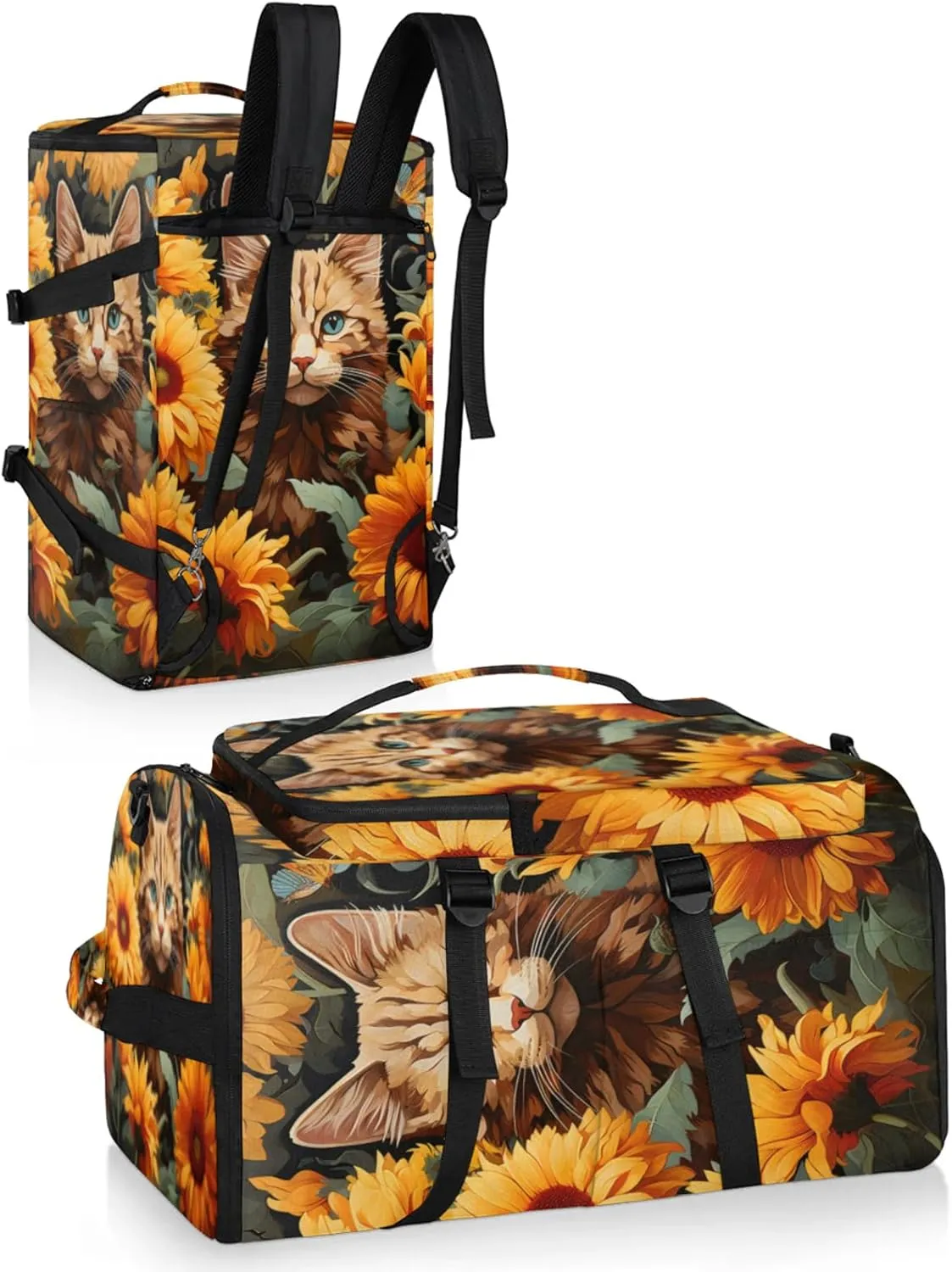 Tactical Sports Duffle Bag for Travel Waterproof Gym Bag with Shoe Compartment 48L Carry On Luggage for Men & Women 3-in-1 Durable Travel Luggage Cat Flowers