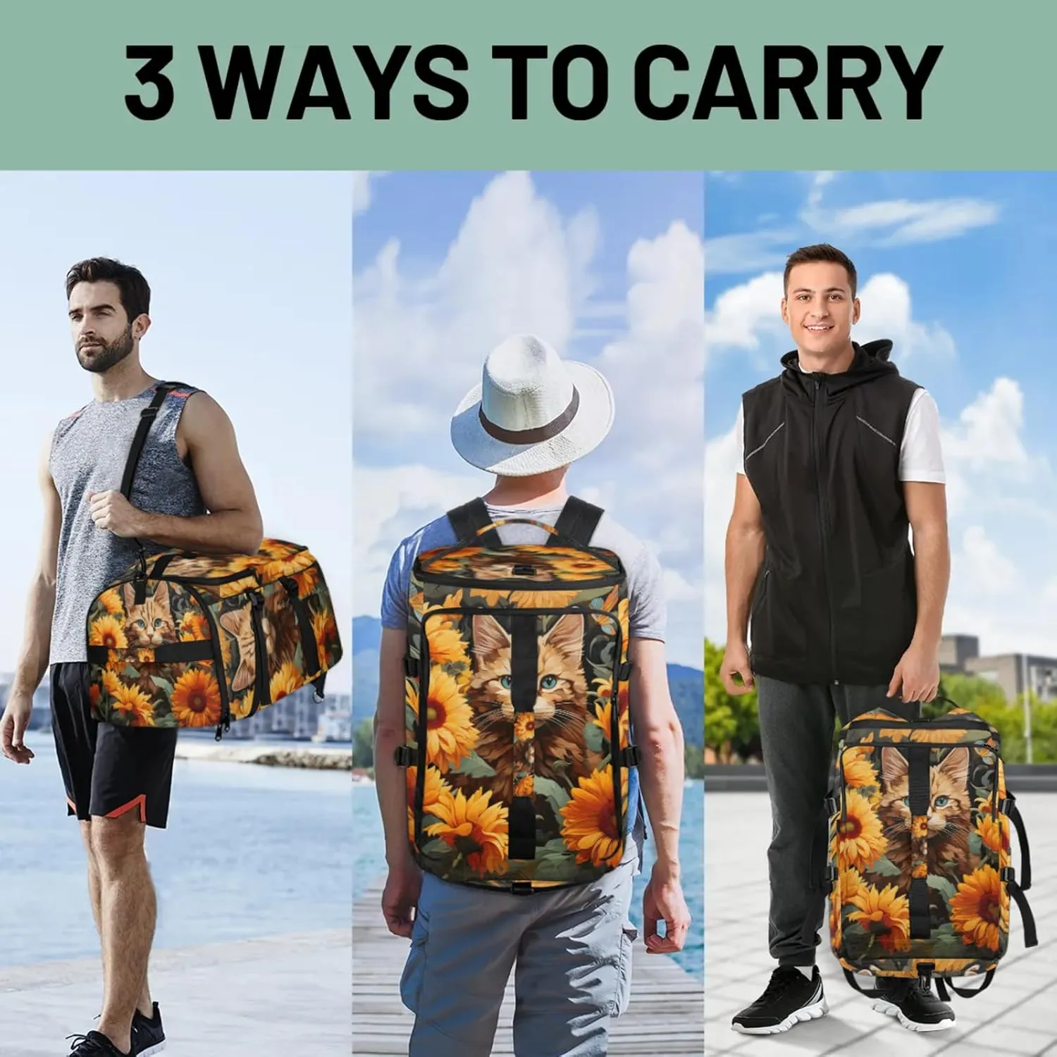 Tactical Sports Duffle Bag for Travel Waterproof Gym Bag with Shoe Compartment 48L Carry On Luggage for Men & Women 3-in-1 Durable Travel Luggage Cat Flowers