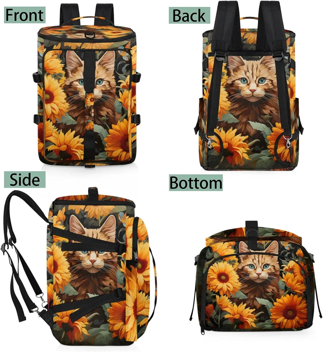Tactical Sports Duffle Bag for Travel Waterproof Gym Bag with Shoe Compartment 48L Carry On Luggage for Men & Women 3-in-1 Durable Travel Luggage Cat Flowers