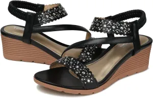 TEMOFON Wedge Sandals for Women Dressy: Summer Open Toe Elastic Ankle Strap - Comfortable Bohemian Low Wedge Sandals