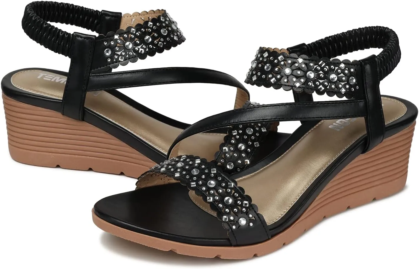 TEMOFON Wedge Sandals for Women Dressy: Summer Open Toe Elastic Ankle Strap - Comfortable Bohemian Low Wedge Sandals