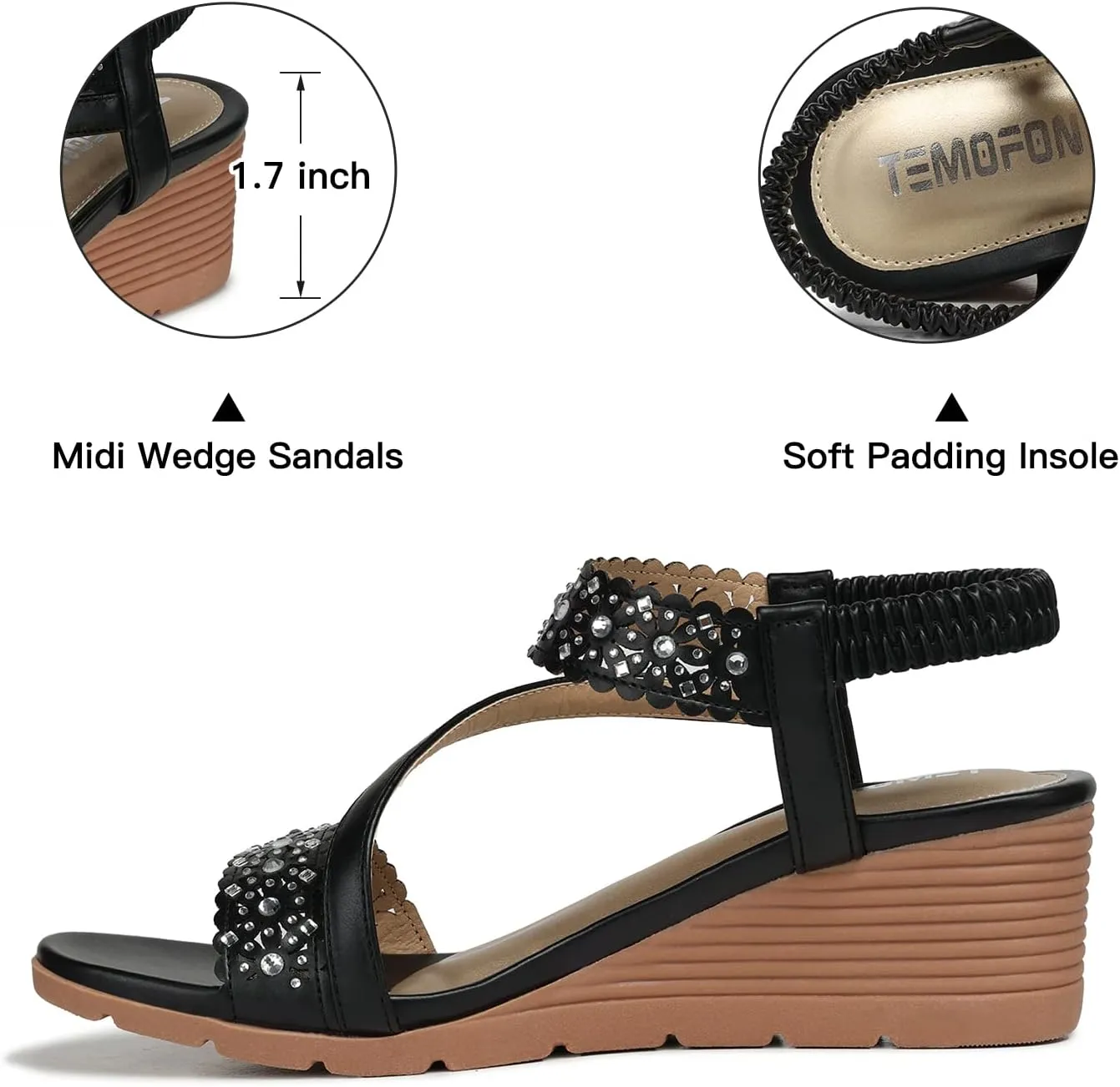 TEMOFON Wedge Sandals for Women Dressy: Summer Open Toe Elastic Ankle Strap - Comfortable Bohemian Low Wedge Sandals