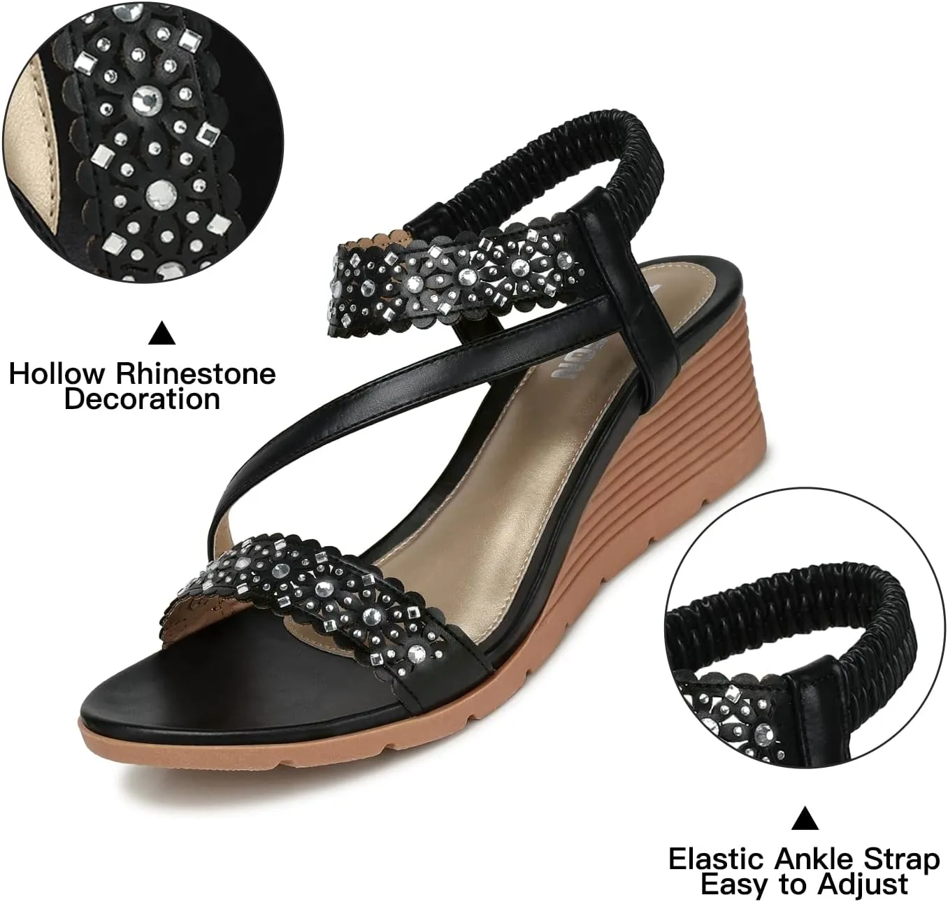 TEMOFON Wedge Sandals for Women Dressy: Summer Open Toe Elastic Ankle Strap - Comfortable Bohemian Low Wedge Sandals