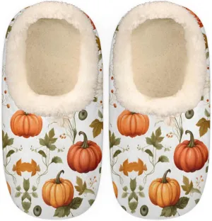 Thanksgiving Pumpkin Slippers for Women Men, Leaves Flower House Slippers Socks Warm Fuzzy Memory Foam Indoor Slippers Lightweight Cozy Anti-Skid Closed Back Home Shoes, Medium