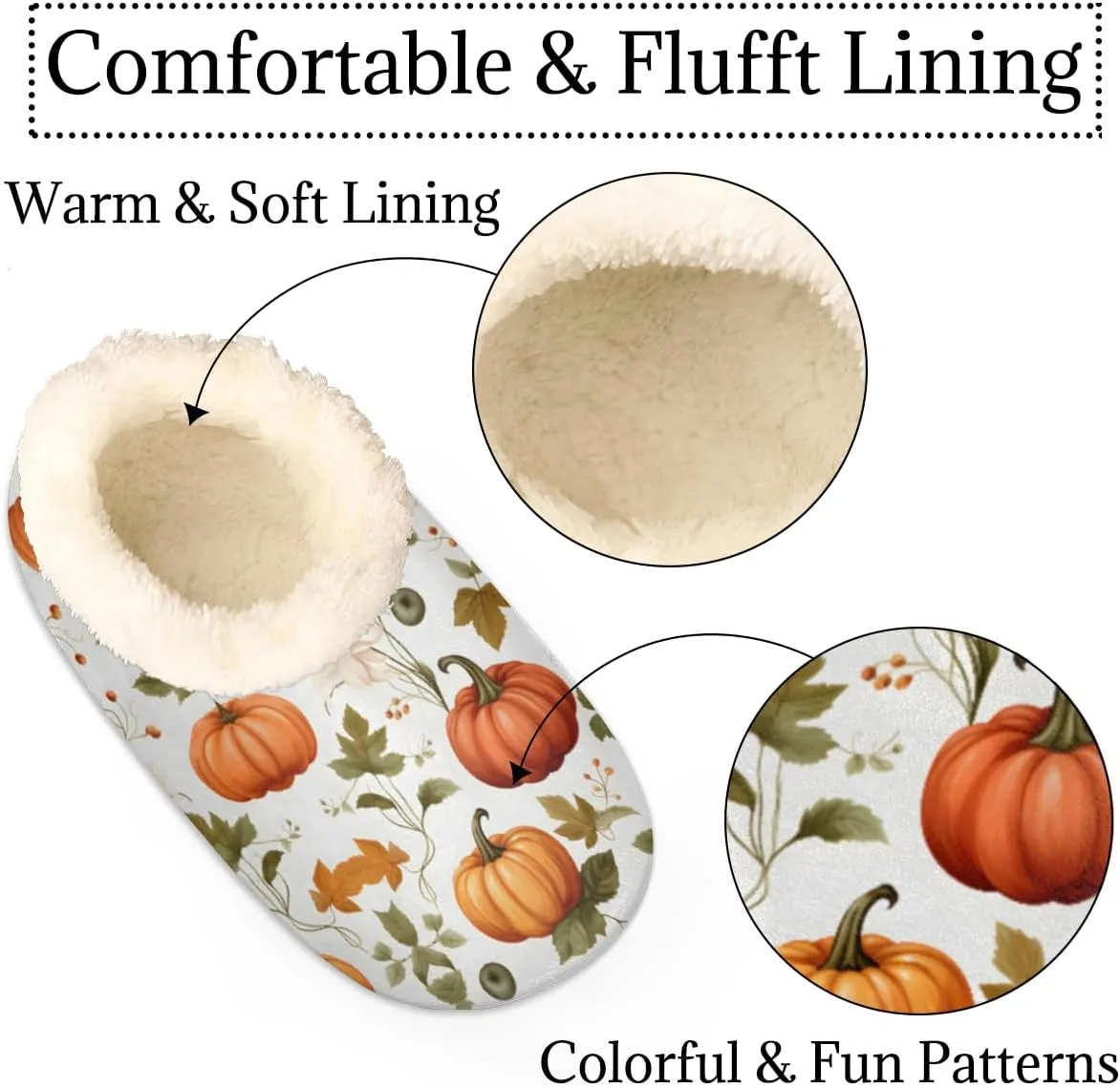 Thanksgiving Pumpkin Slippers for Women Men, Leaves Flower House Slippers Socks Warm Fuzzy Memory Foam Indoor Slippers Lightweight Cozy Anti-Skid Closed Back Home Shoes, Medium