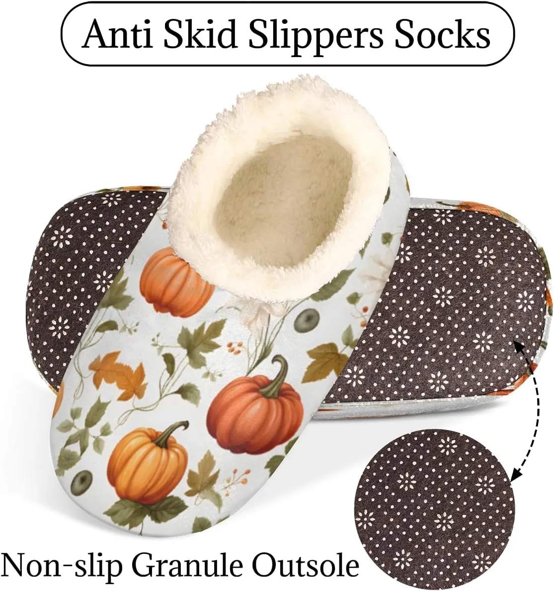 Thanksgiving Pumpkin Slippers for Women Men, Leaves Flower House Slippers Socks Warm Fuzzy Memory Foam Indoor Slippers Lightweight Cozy Anti-Skid Closed Back Home Shoes, Medium
