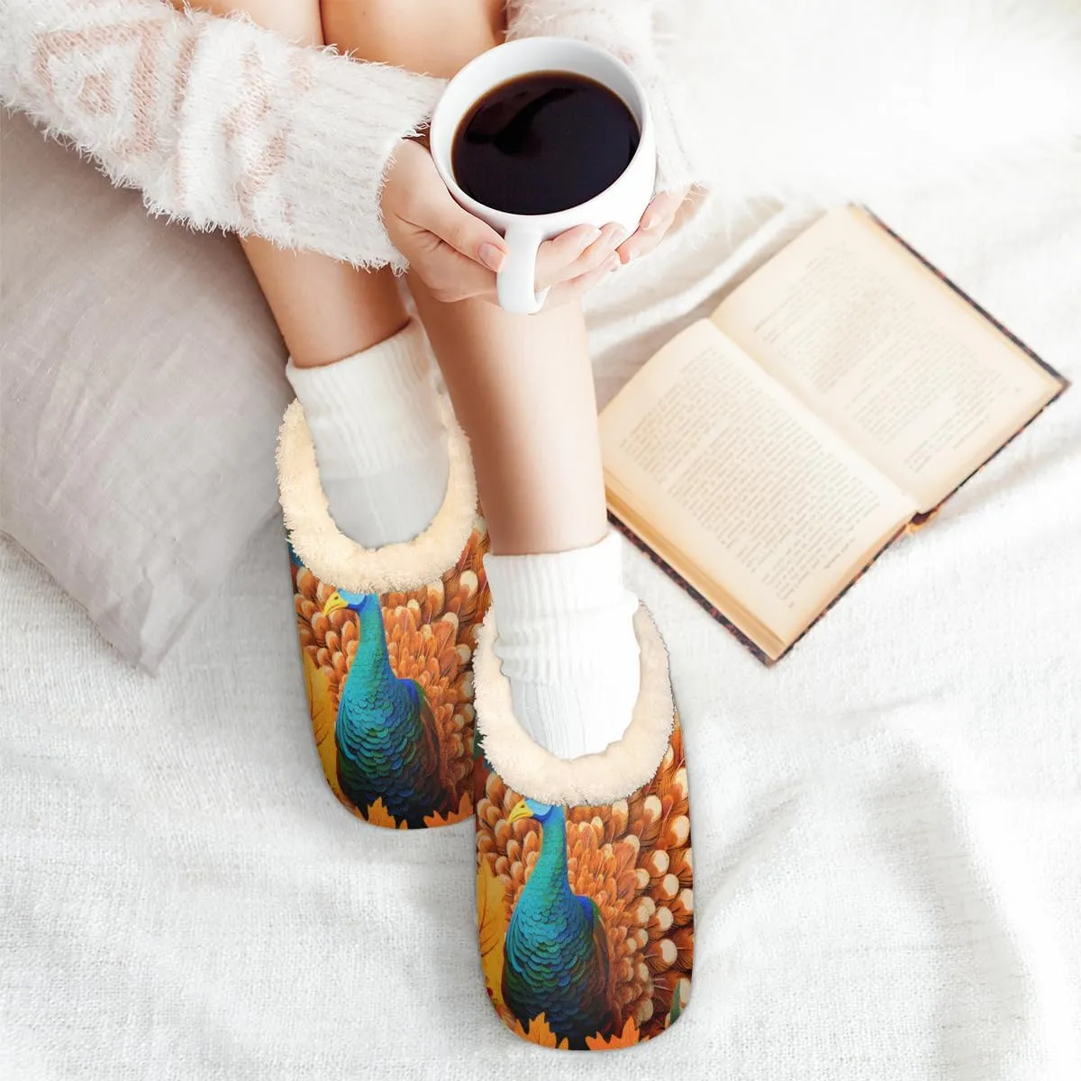 Thanksgiving Turkey Leaf Slippers for Women Men, Fall Leaves House Slippers Socks Warm Fuzzy Memory Foam Indoor Slippers Lightweight Cozy Anti-Skid Closed Back Home Shoes, Medium