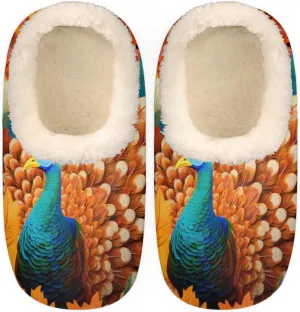 Thanksgiving Turkey Leaf Slippers for Women Men, Fall Leaves House Slippers Socks Warm Fuzzy Memory Foam Indoor Slippers Lightweight Cozy Anti-Skid Closed Back Home Shoes, Medium