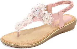Thong Sandals for Women Beach,Bohemia Floral Flat Sandals T-Strap Summer Beach Glitter Beaded Elastic Flip-Flop Thong Shoes