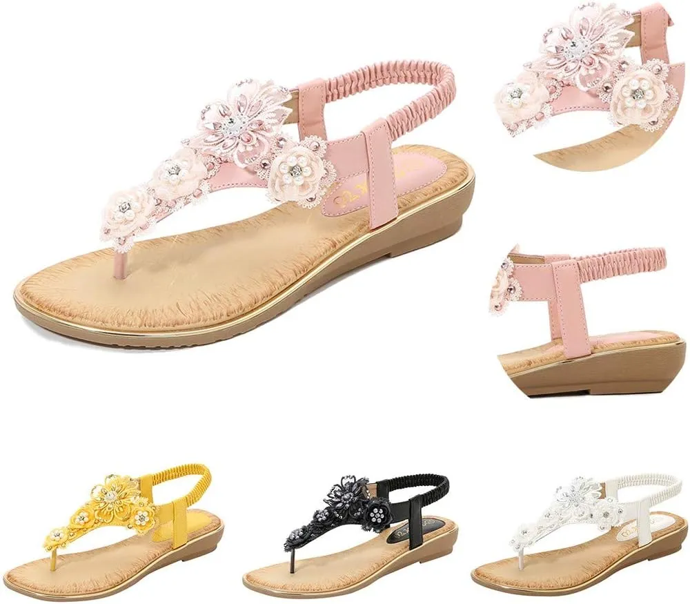 Thong Sandals for Women Beach,Bohemia Floral Flat Sandals T-Strap Summer Beach Glitter Beaded Elastic Flip-Flop Thong Shoes