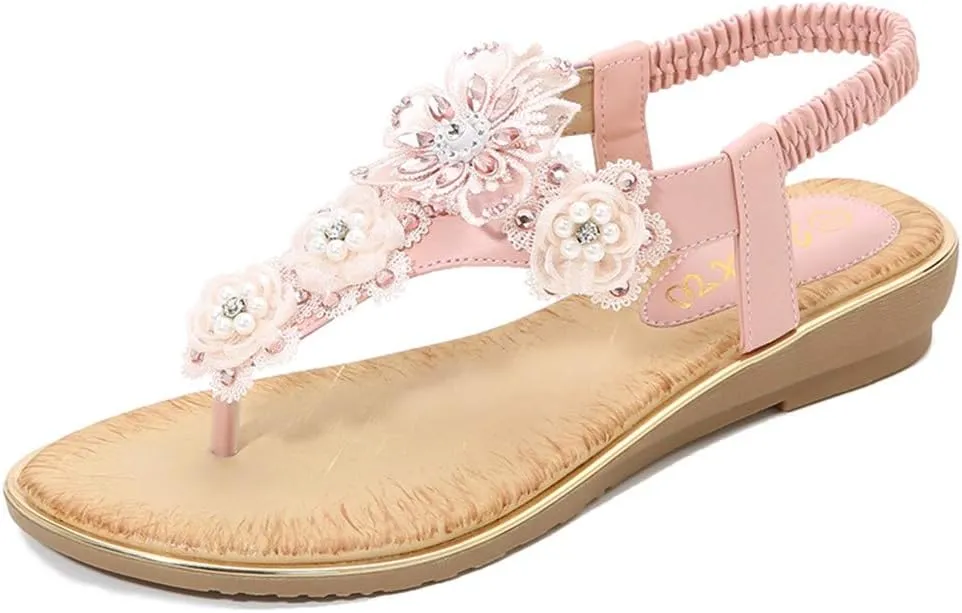 Thong Sandals for Women Beach,Bohemia Floral Flat Sandals T-Strap Summer Beach Glitter Beaded Elastic Flip-Flop Thong Shoes