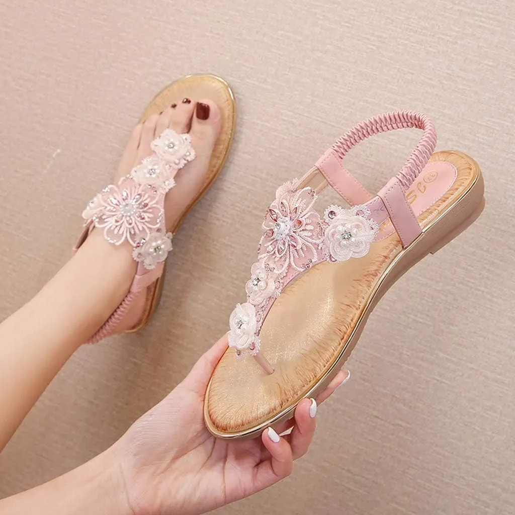 Thong Sandals for Women Beach,Bohemia Floral Flat Sandals T-Strap Summer Beach Glitter Beaded Elastic Flip-Flop Thong Shoes
