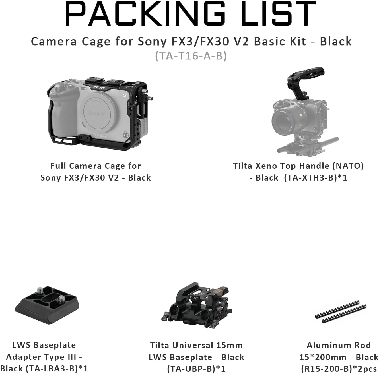 Tilta Camera Cage Basic Kit for FX3/FX30 V2 | Includes Cage, Top Handle, Baseplate & More | Top Plate NATO Rail, Cold Shoe, 1/4"-20 and 3/8"-16 | Thumb Screw Design | Black