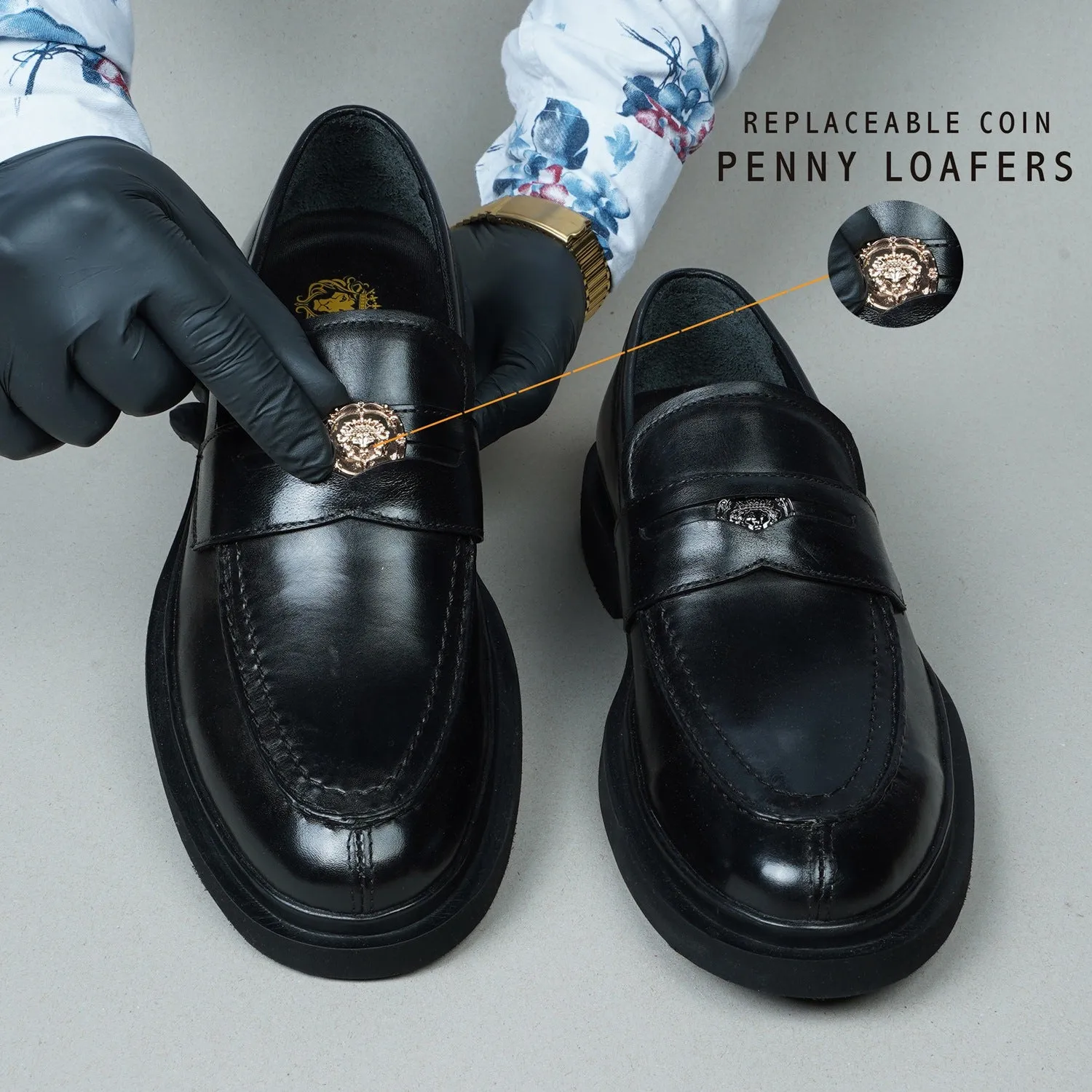 Trademark Lion Logo Penny Lightweight Loafers in Black Leather