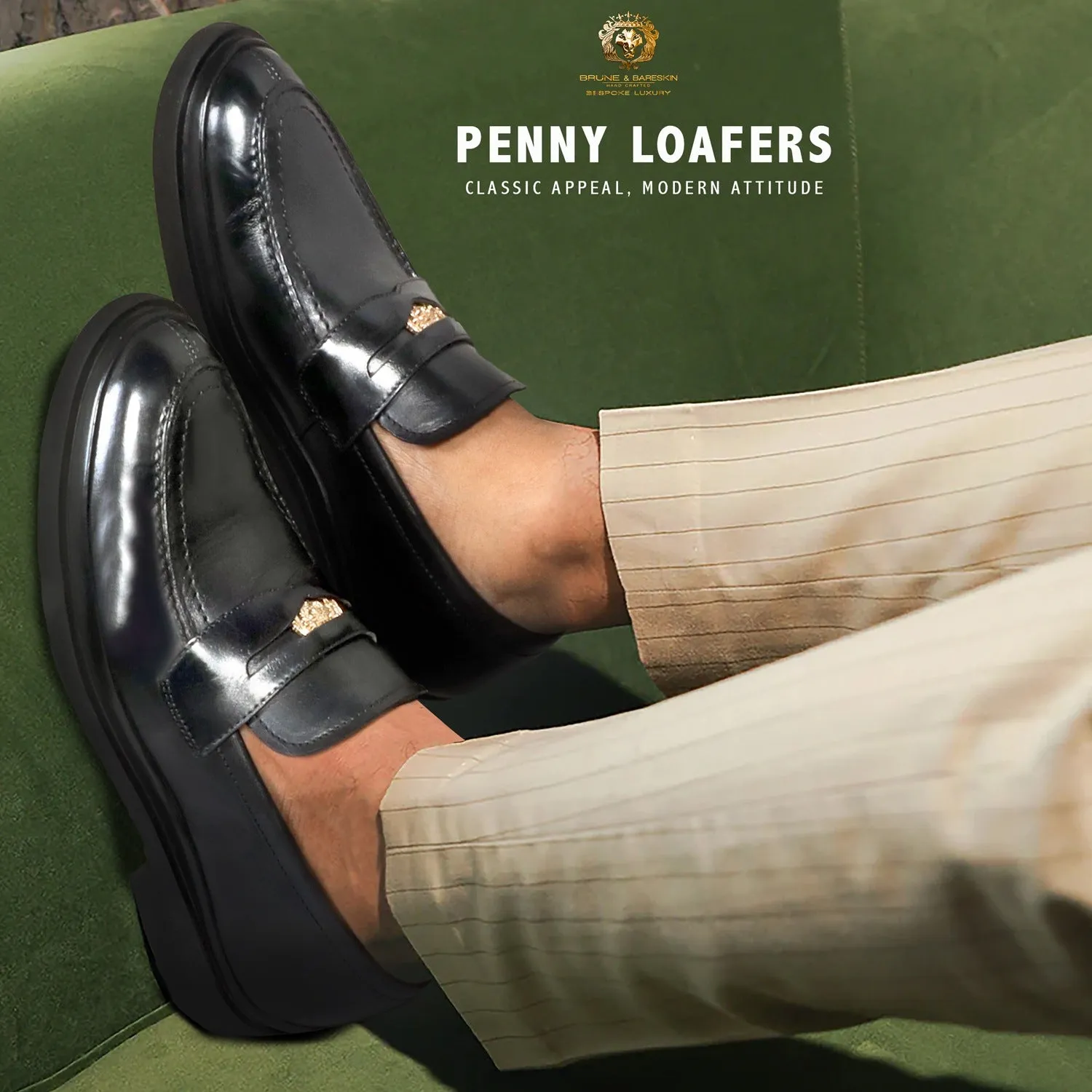 Trademark Lion Logo Penny Lightweight Loafers in Black Leather