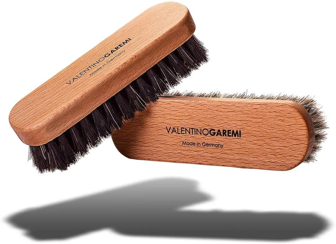 Valentino Garemi Horsehair Shoe Brush Set – Travel Classic Design & Genuine Natural Materials – Polish Shine Clean Buff Leather Footwear or Boots – Made in Germany