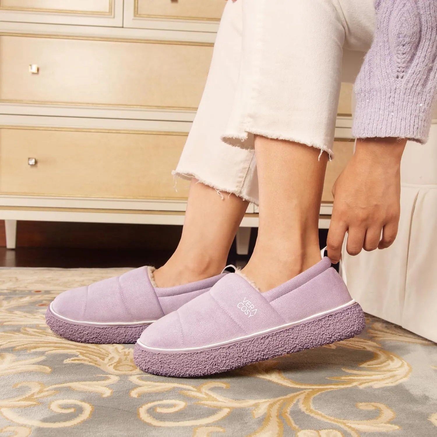 VeraCosy Women's Quilted Closed-back Slippers Technical Fabrics Warm Soft Comfy Non-slip Memory Foam Indoor House Shoes