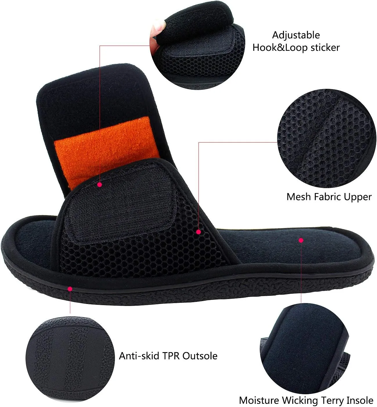 WALKFUN Adjustable House Slippers for Men Open Toe Breathable Indoor Slip on Mens Slides Sandals with Memory Foam for Bedroom,Patio