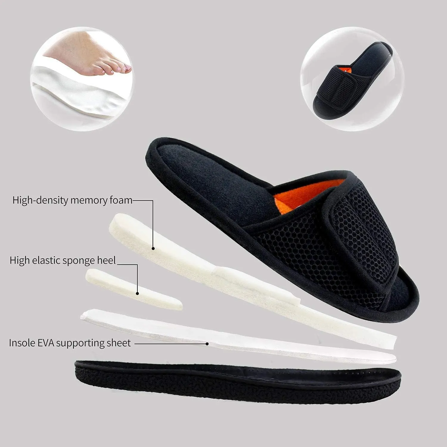 WALKFUN Adjustable House Slippers for Men Open Toe Breathable Indoor Slip on Mens Slides Sandals with Memory Foam for Bedroom,Patio