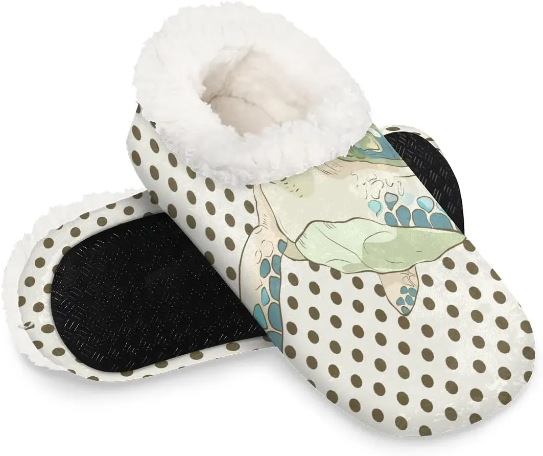 Watercolor Turtle Dots Slipper for Women and Men Non-Slip Fuzzy Slipper Socks Memory Foam Slippers Winter Warm Home Slippers Fur Lining