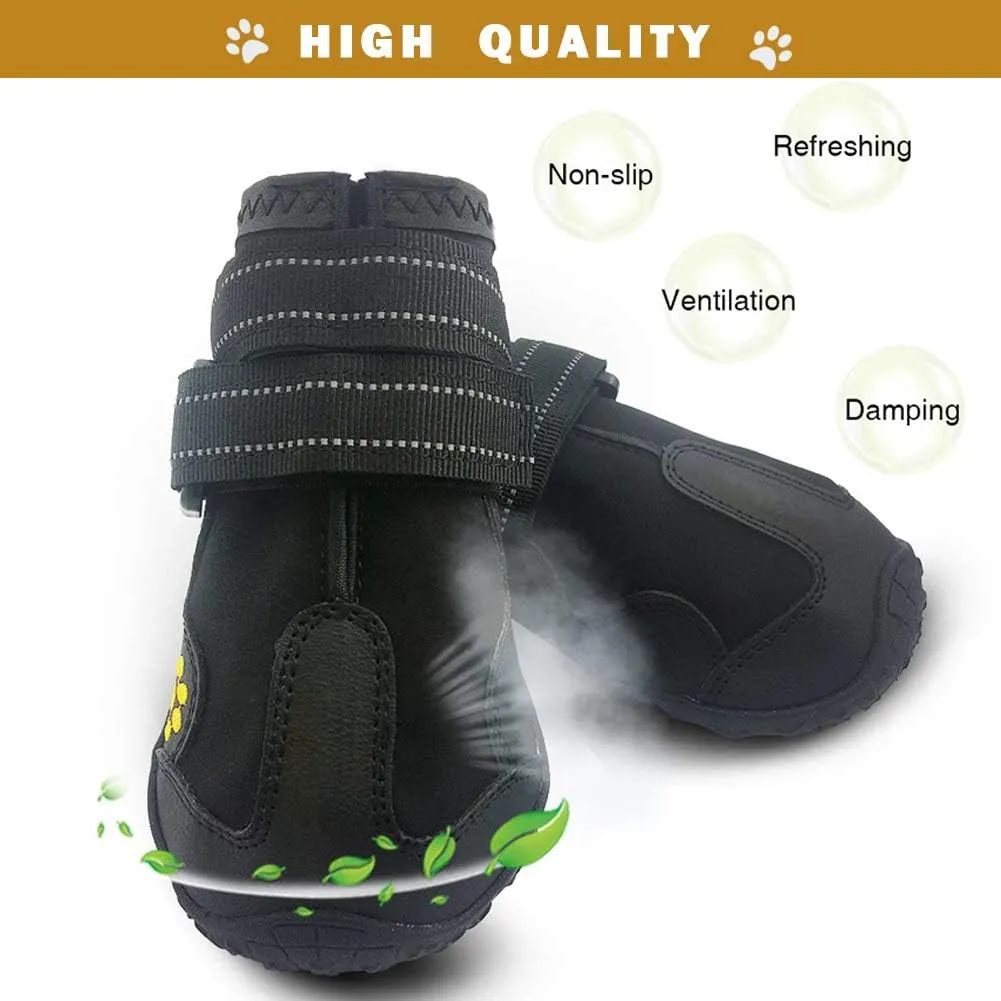 Waterproof Dog Boots, Dog Outdoor Shoes for Medium to Large Dogs with Two Reflective Fastening Straps and Rugged Anti-Slip Sole (2.56" x 1.97", Black 4PCS).