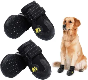 Waterproof Dog Boots, Dog Outdoor Shoes for Medium to Large Dogs with Two Reflective Fastening Straps and Rugged Anti-Slip Sole (2.56" x 1.97", Black 4PCS).