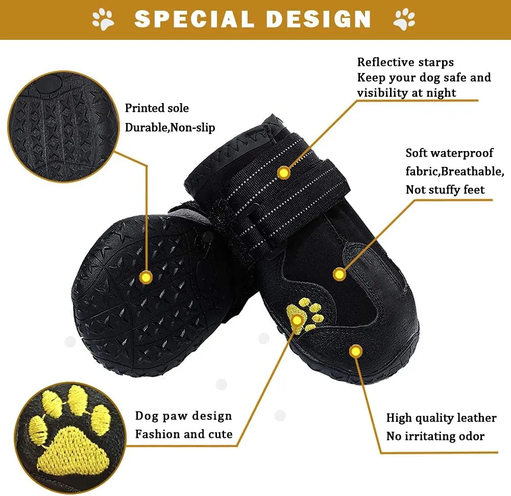 Waterproof Dog Boots, Dog Outdoor Shoes for Medium to Large Dogs with Two Reflective Fastening Straps and Rugged Anti-Slip Sole (2.56" x 1.97", Black 4PCS).