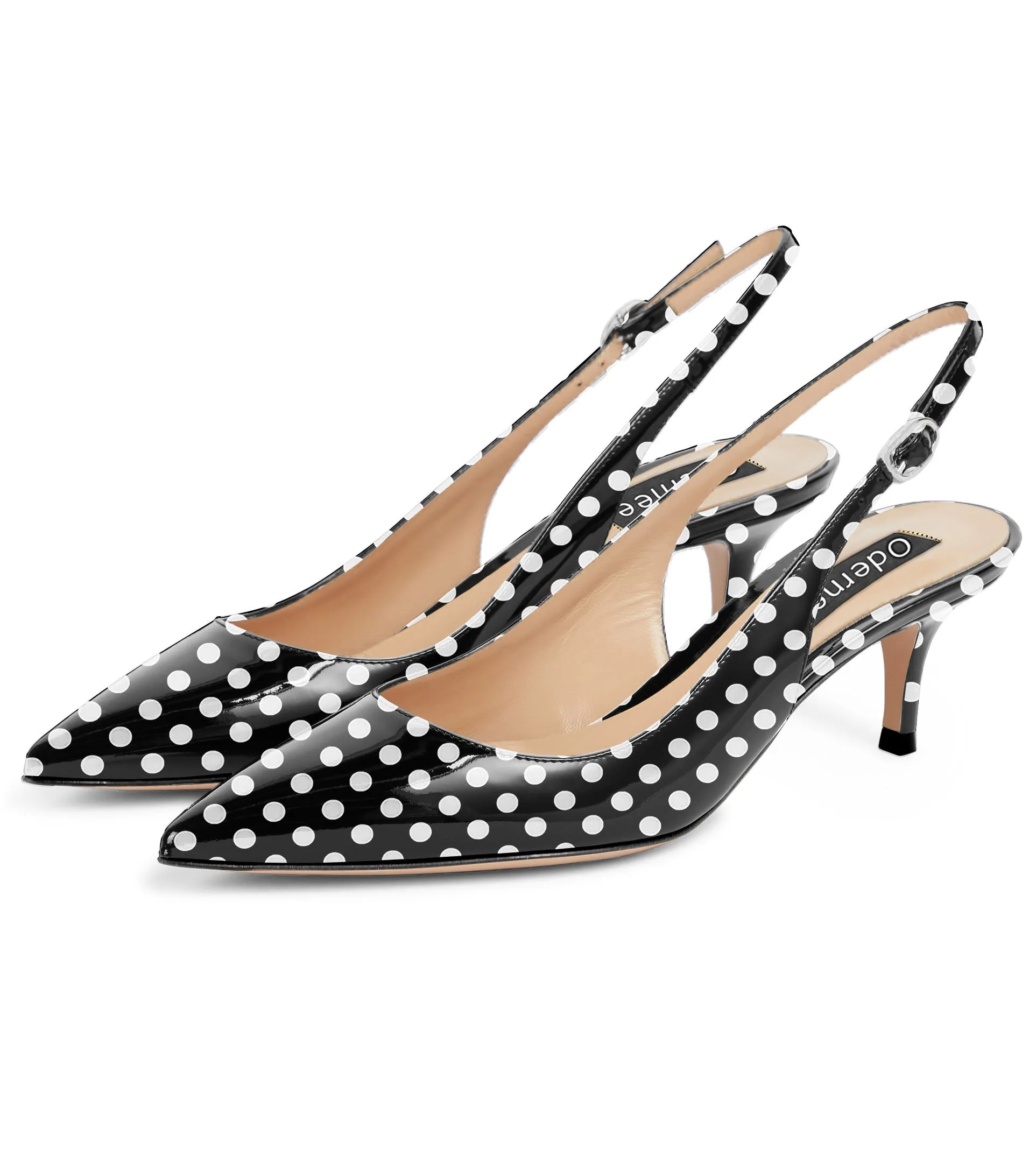 White Dots Pointed Toe Buckle Strap Kitten Low Heeled Sandals 2 Inch