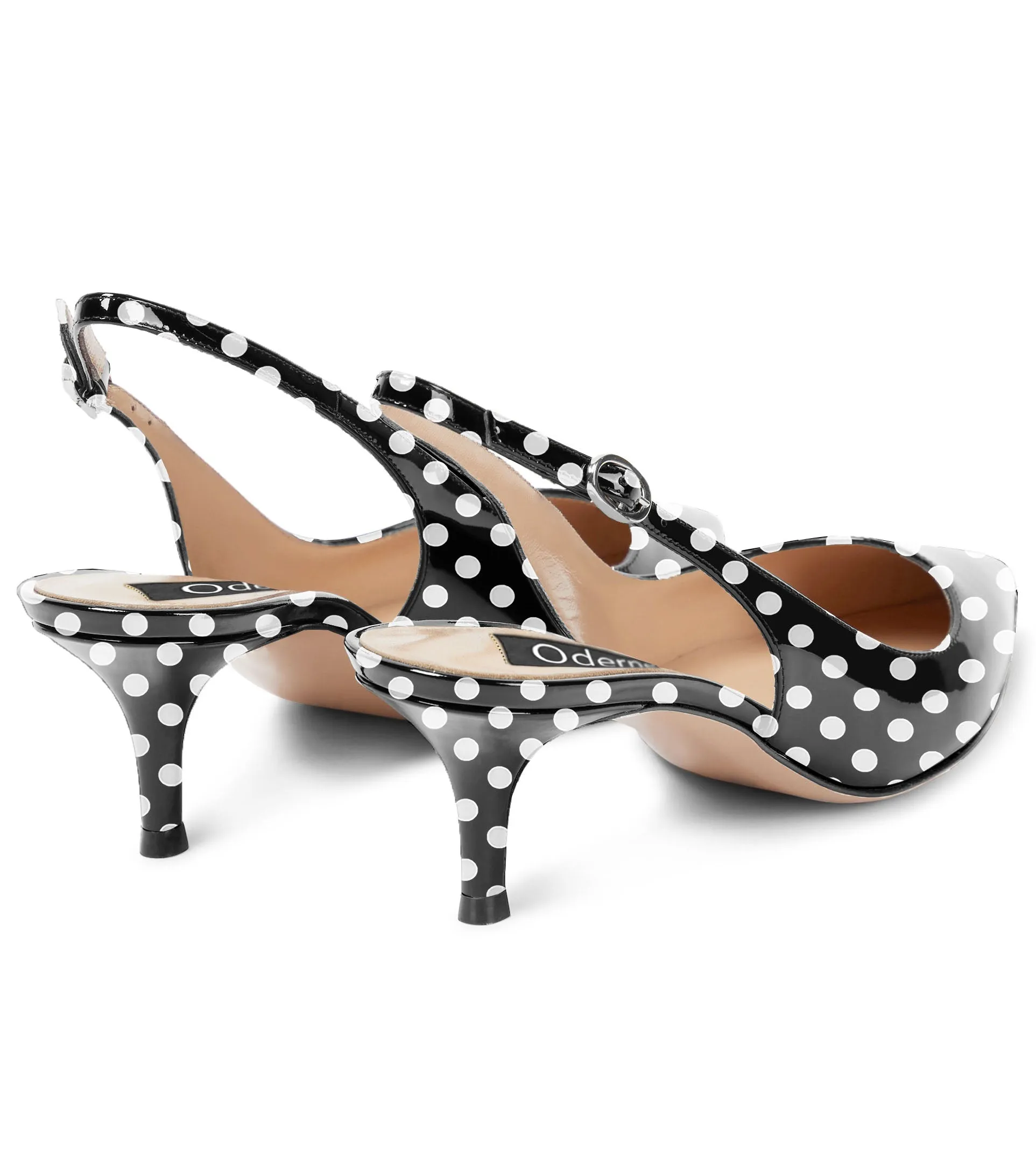 White Dots Pointed Toe Buckle Strap Kitten Low Heeled Sandals 2 Inch