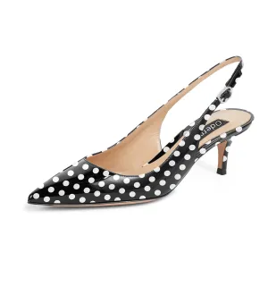 White Dots Pointed Toe Buckle Strap Kitten Low Heeled Sandals 2 Inch