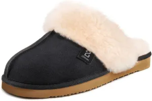 Wishcotton Women's Faux Fur Scuff Slippers with Memory Foam, Ladies Slip on House Shoes, Winter Warm Fluffy Fleece Indoor Outdoor Anti-Skid Sole (Black, Size 7-8)