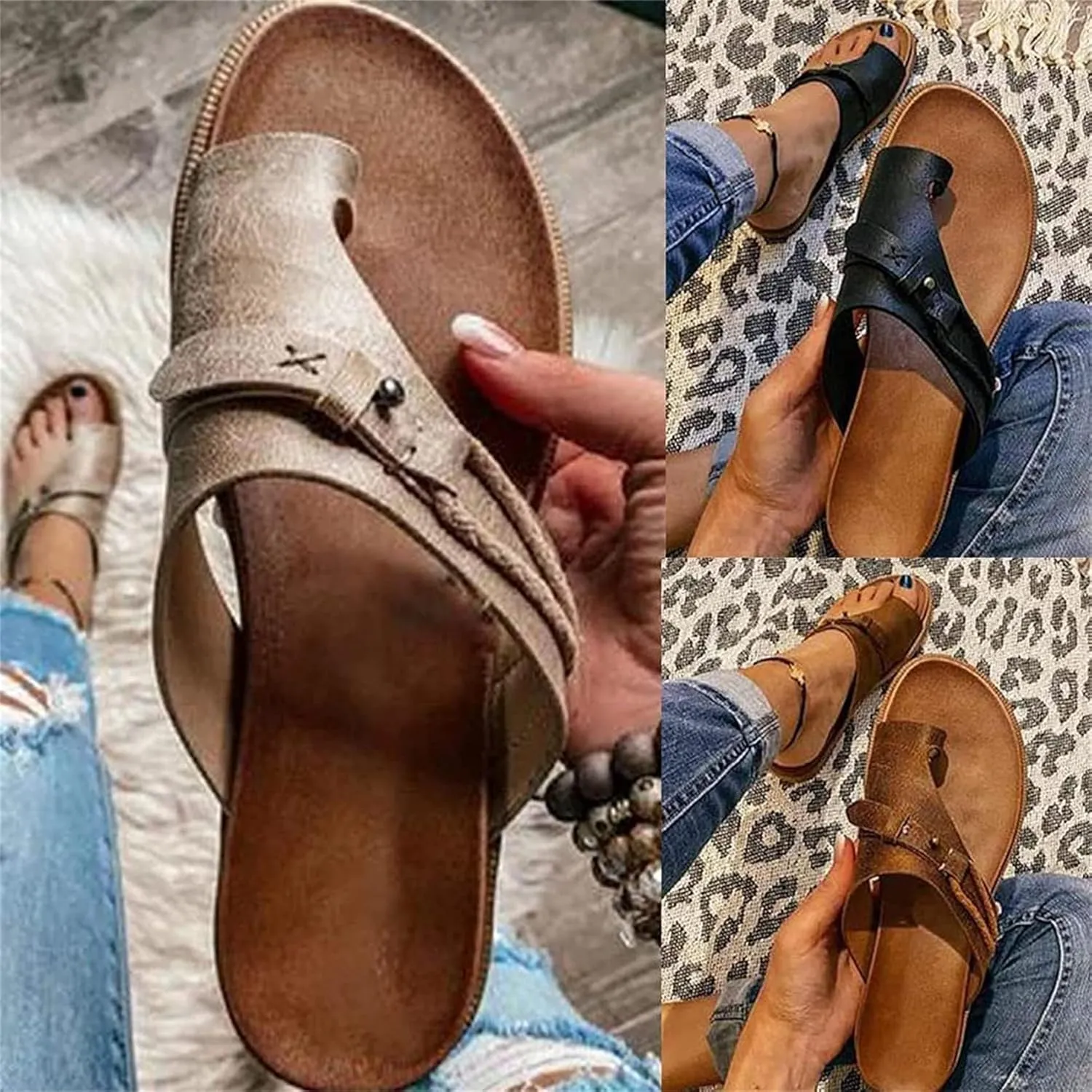Women Comfy Sandal Big Toe Correction Sandal Orthopedic Bunion Corrector Summer Sandals PU Leather Platform Flat Sole Beach Shoes,Black,EU40/US8