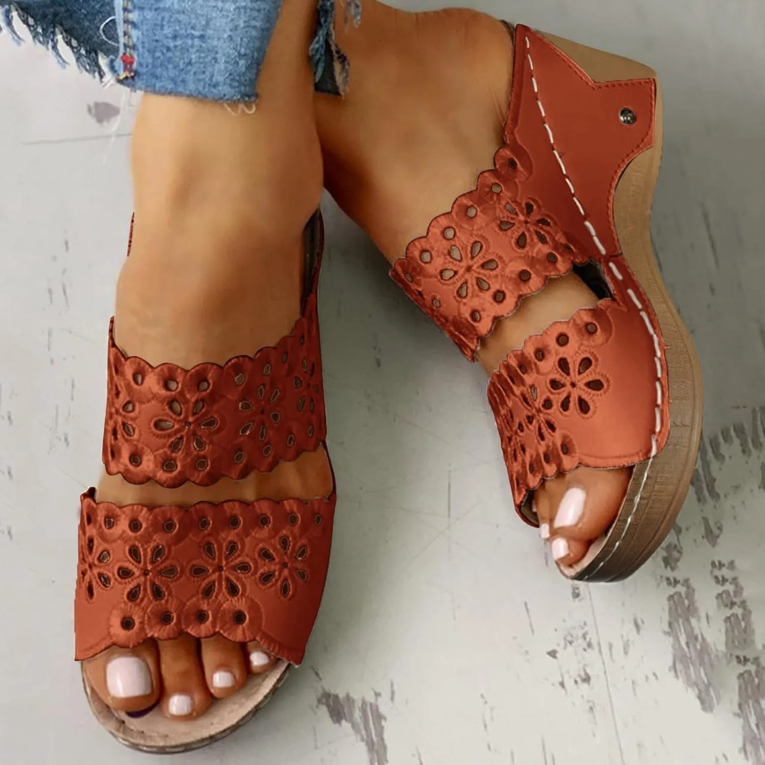 Women Shoes Thick Soled Wedge Sandals Casual Fashion Hollow Embroidery Bohemian Sandals Shoes Womens Leopard 8