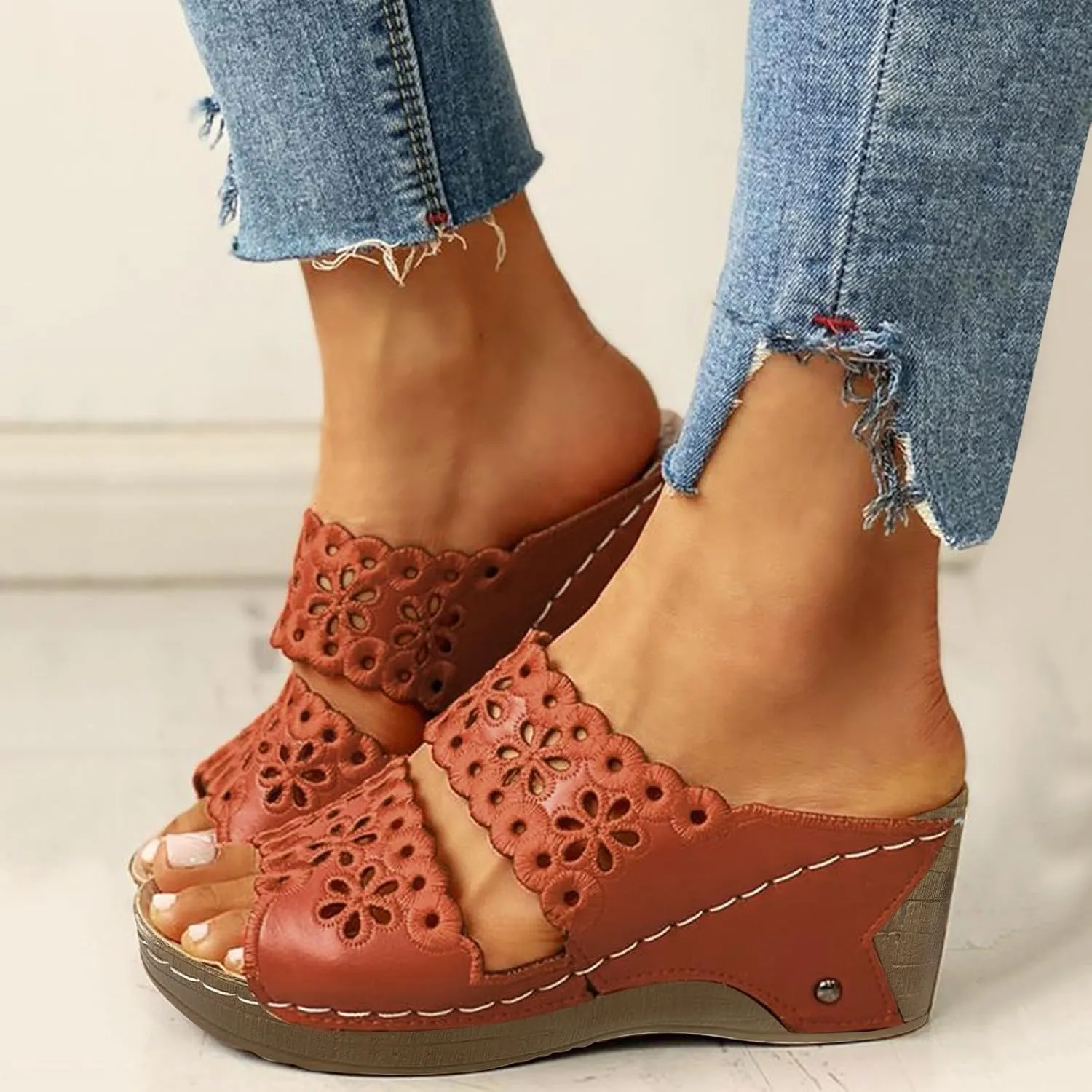 Women Shoes Thick Soled Wedge Sandals Casual Fashion Hollow Embroidery Bohemian Sandals Shoes Womens Leopard 8