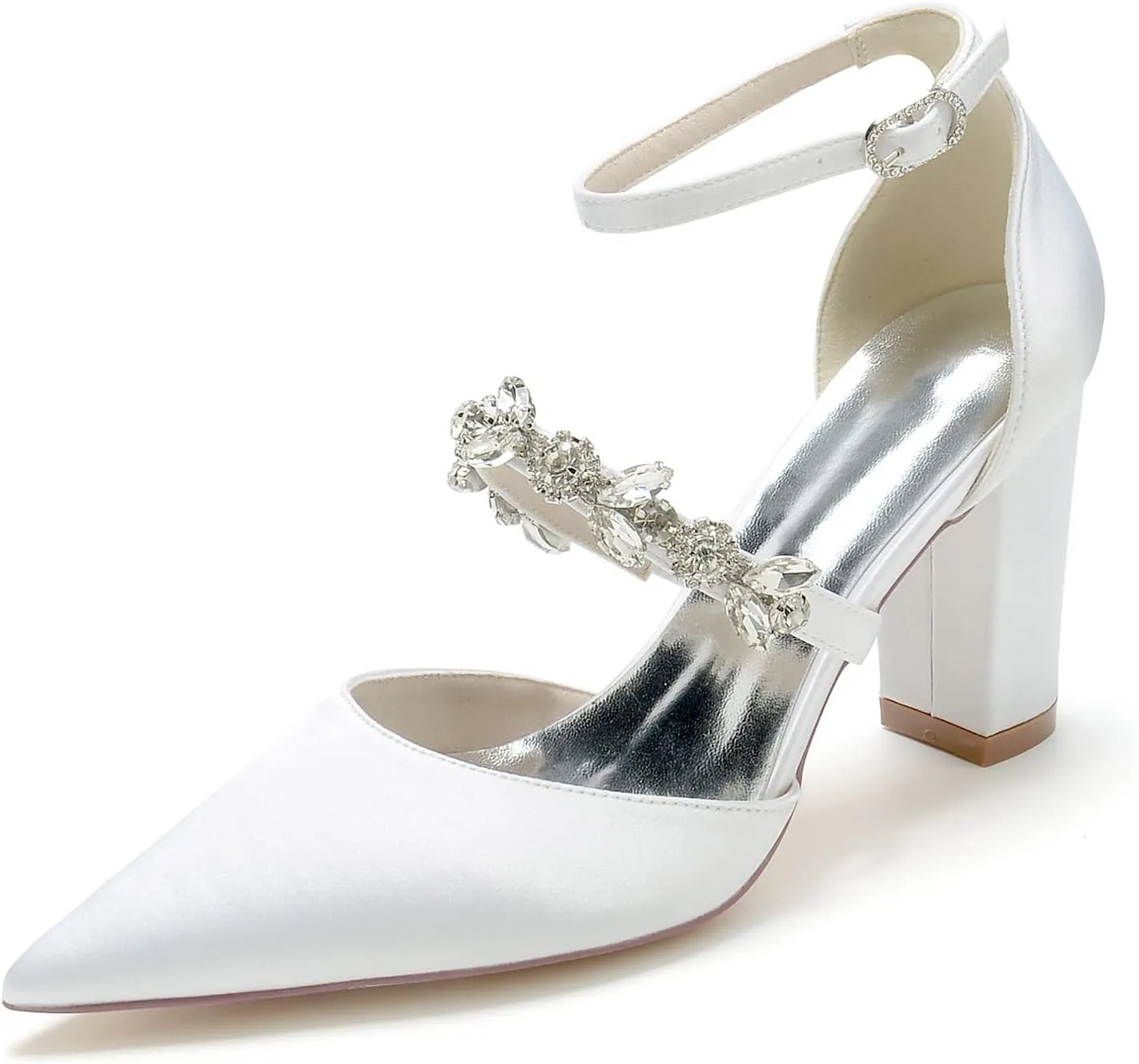 Women Vintage Wedding Bridal Rhinestone Ankle Strap High Heel Pumps Block Heel Sandal Shoes